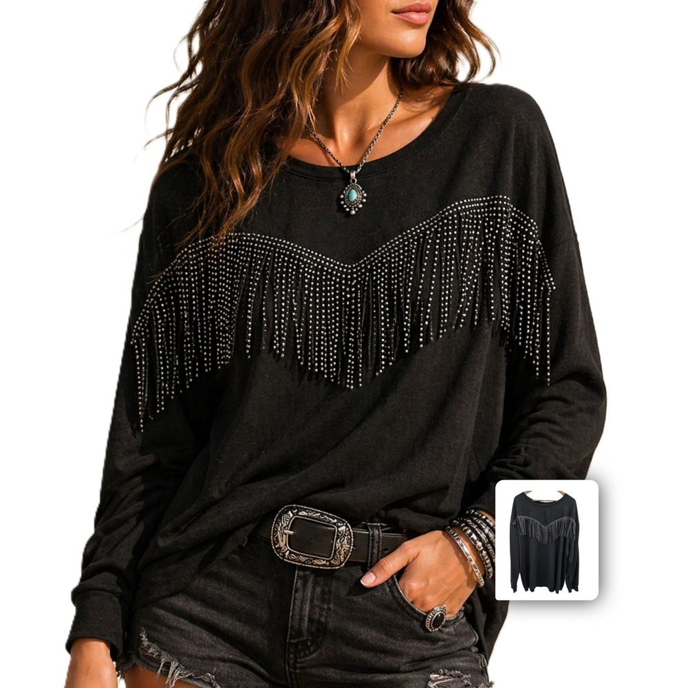 Ashley Stewart Fringe Studded Sweatshirt Western Festival Rodeo Statement 22/24